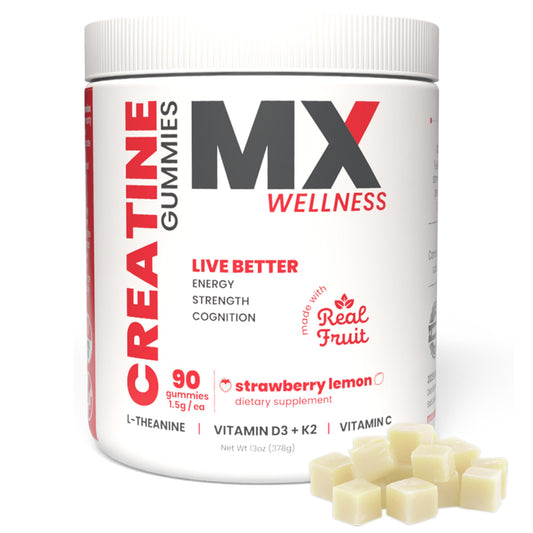 MX Wellness Creatine Monohydrate Gummies bottle front with strawberry lemon flavor and energy benefits.