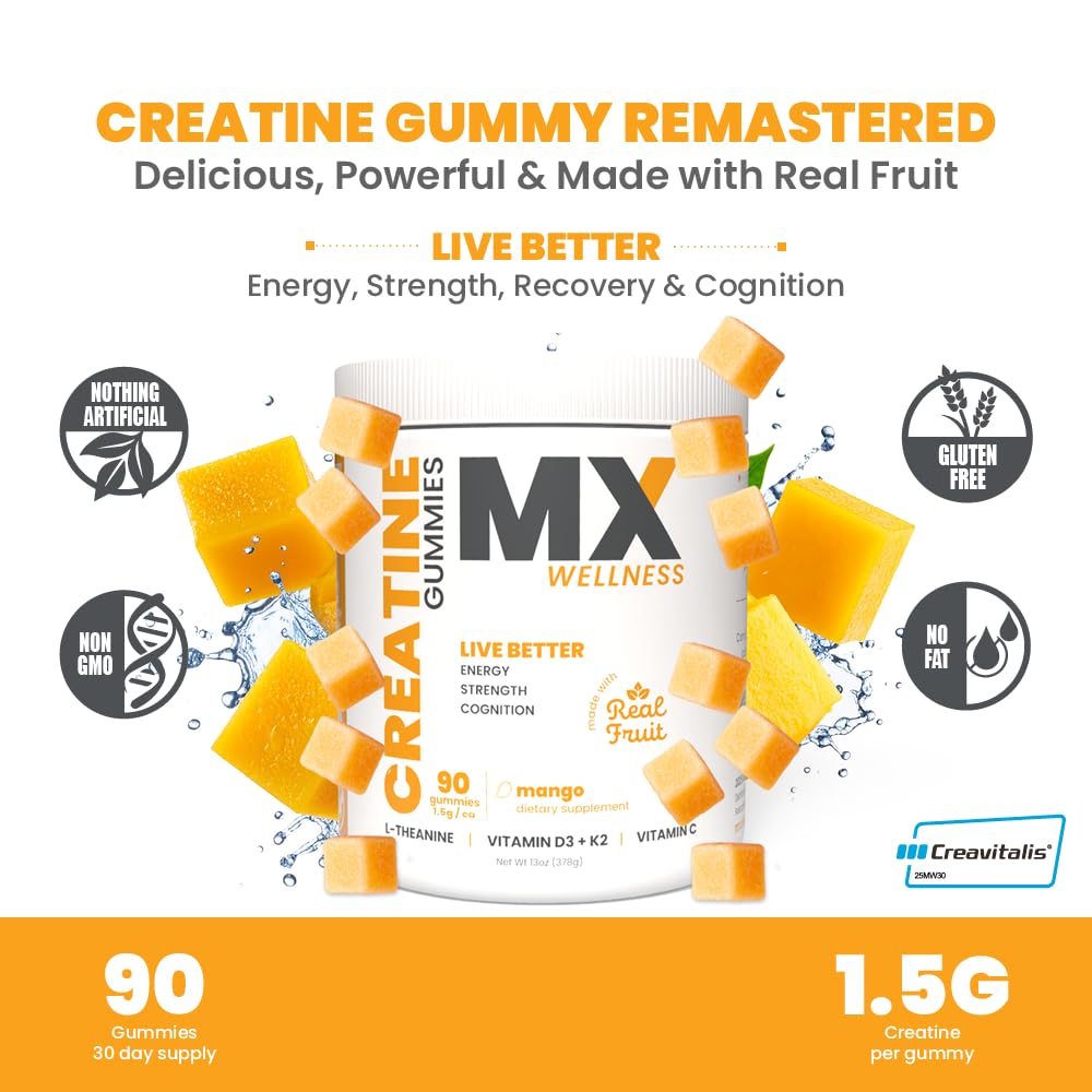 MX Wellness Creatine Monohydrate Gummies jar opened for easy daily dose.