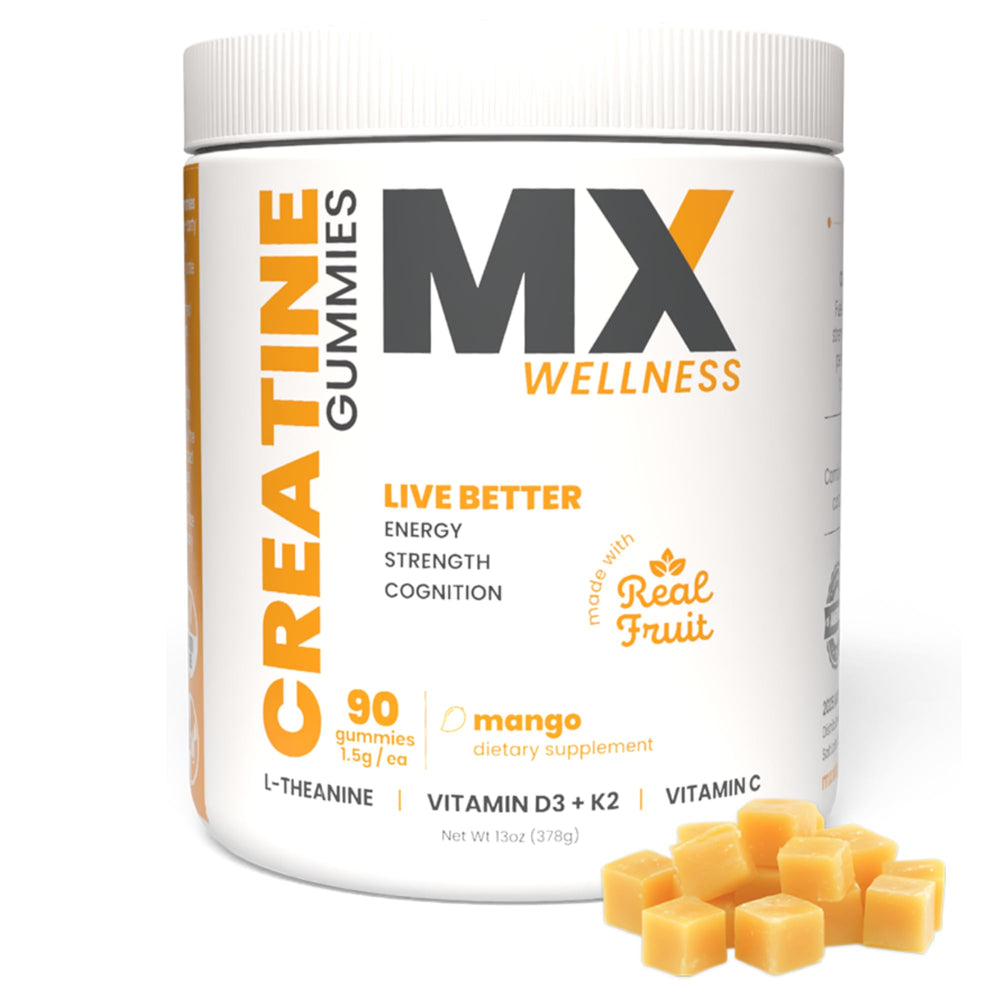 MX Wellness Creatine Monohydrate Gummies packshot with mango flavor and 90-chew bottle.