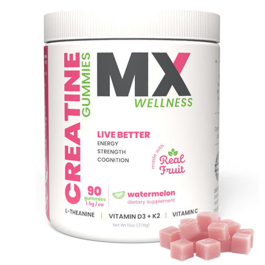 MX Wellness Creatine Monohydrate Gummies packshot showing convenient muscle support and recovery.