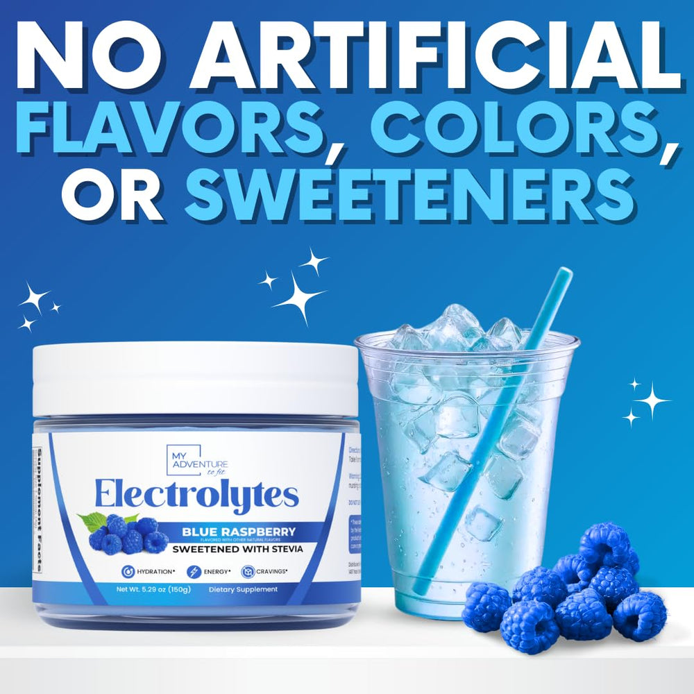 My Adventure to Fit blue raspberry electrolytes powder scoop for precise workout servings.