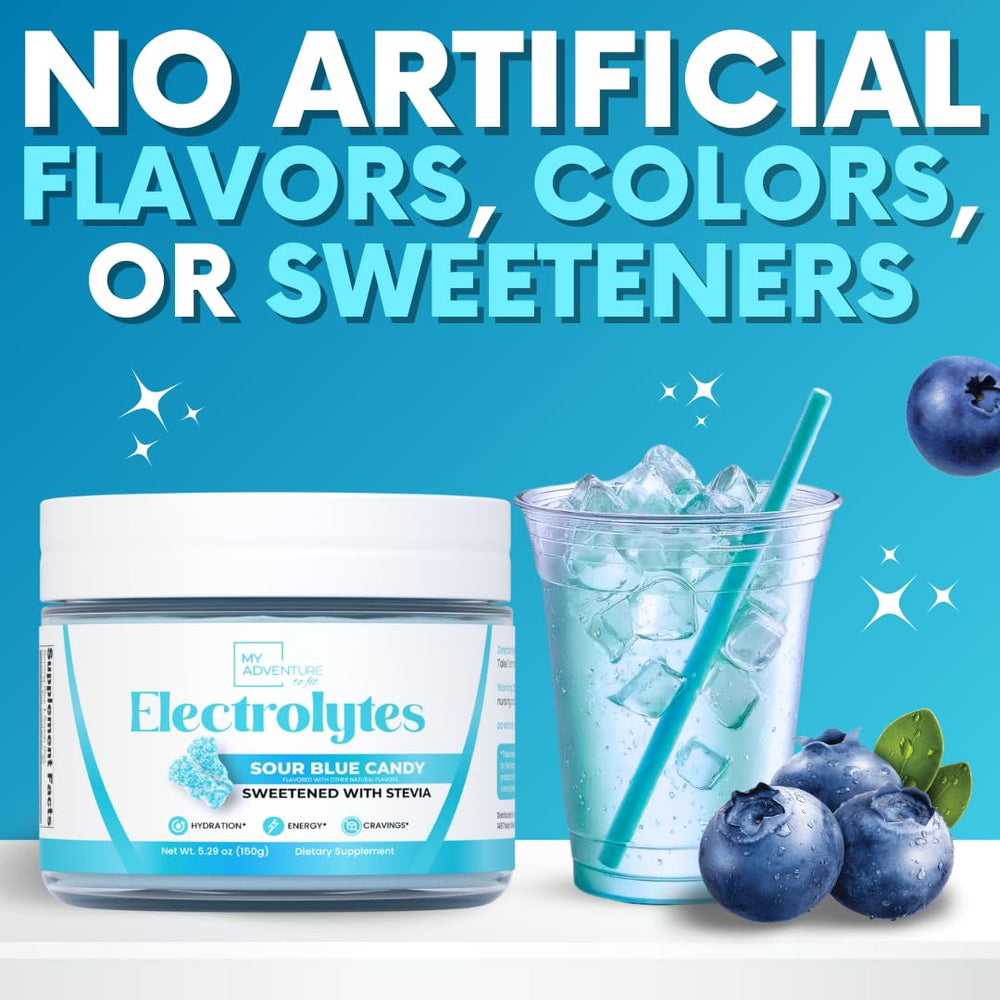 Electrolytes powder packaging front showing zero sugar formula