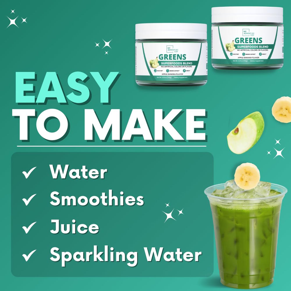 My Adventure to Fit green powder in a glass, promoting steady energy.