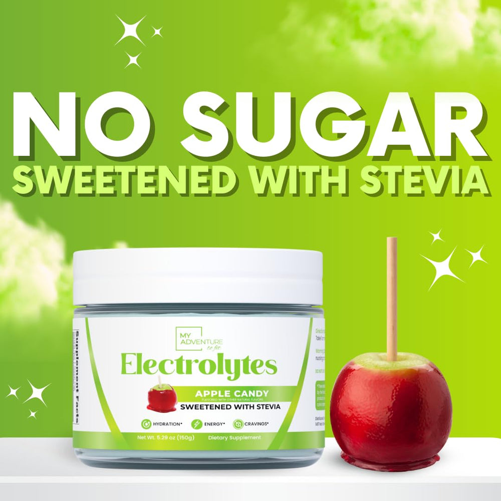 My Adventure to Fit zero-sugar powder bottle on shelf signals caffeine-free hydration.