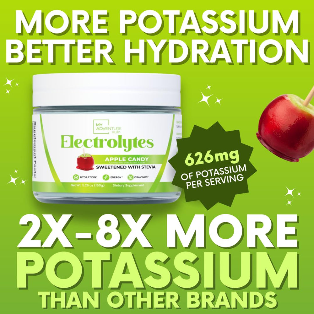 My Adventure to Fit Apple Candy electrolytes dissolve in water for crisp, flavorful sip.