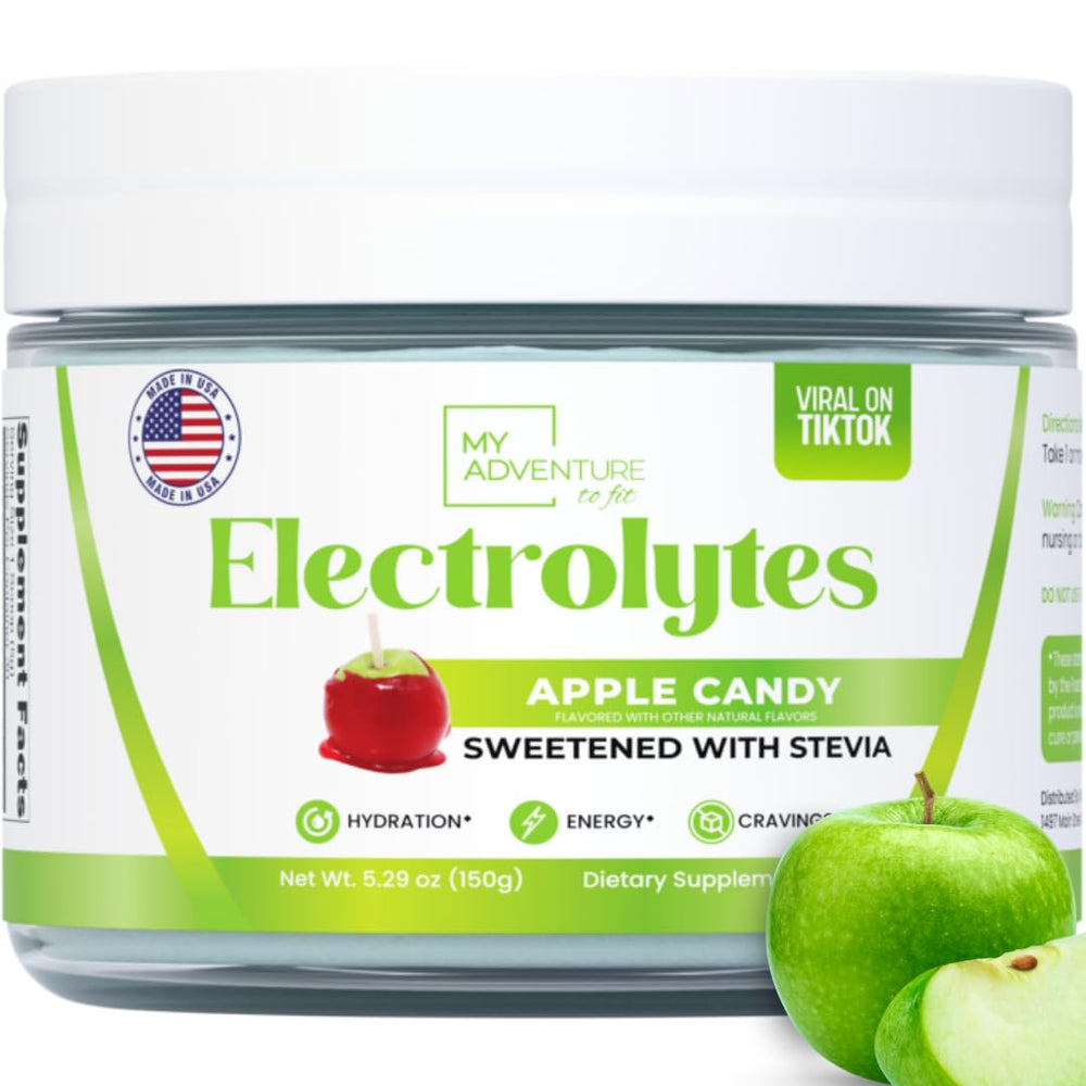 My Adventure to Fit Zero Sugar Apple Candy Electrolytes powder scoop highlights quick hydration.