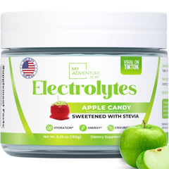 My Adventure to Fit Zero Sugar Apple Candy Electrolytes powder scoop highlights quick hydration.