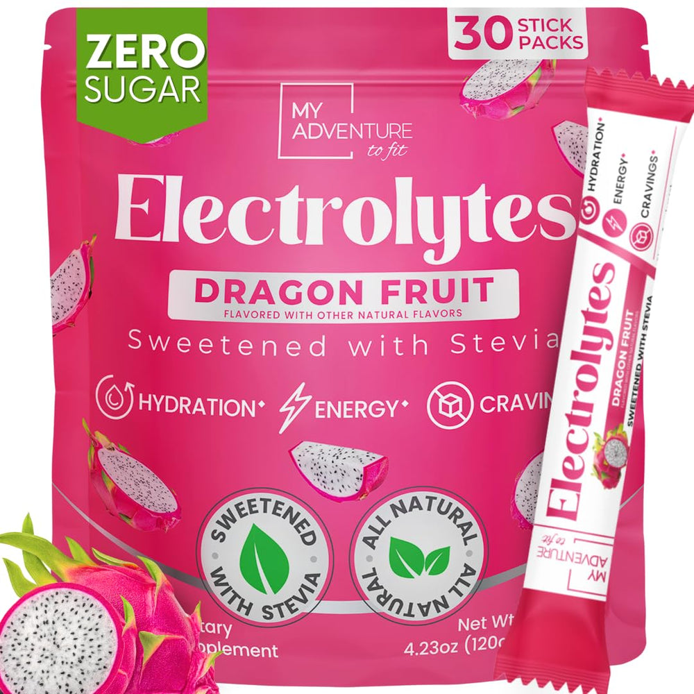 My Adventure to Fit Zero Sugar Dragon Fruit Electrolytes Stick hero image promoting refreshing hydration.