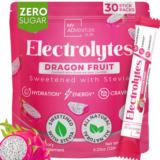 My Adventure to Fit Zero Sugar Dragon Fruit Electrolytes Stick hero image promoting refreshing hydration.