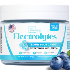 My Adventure to Fit Sour Blue Candy Electrolytes powder bottle for hydration during workouts