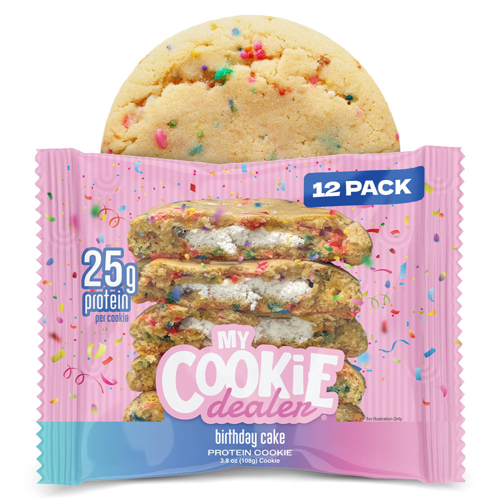 My Cookie Dealer Birthday Cake cookie front view shows vanilla base with sprinkles for a protein-packed treat