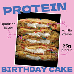 My Cookie Dealer Birthday Cake half-bite shows vanilla cake with confetti sprinkles for a satisfying treat