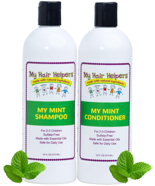 My Hair Helpers defense bundle peppermint shampoo 16oz bottle supports daily lice prevention for kids.