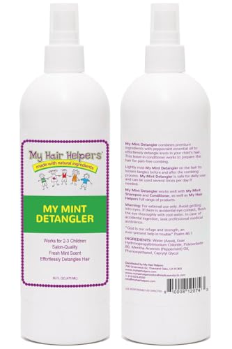 MY HAIR HELPERS Mint Leave-In Spray applied on kids' hair for easier brushing.