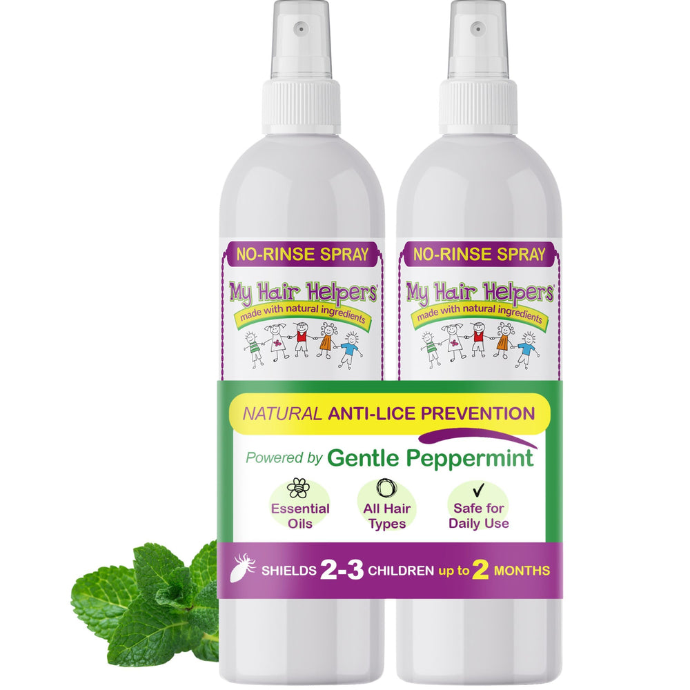 MY HAIR HELPERS Mint Lice Prevention Spray bottle with refreshing peppermint scent for lice deterrence.