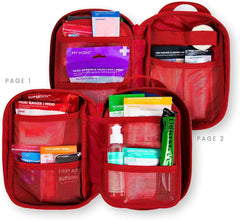 First aid kit contents ready for hiking and camping.