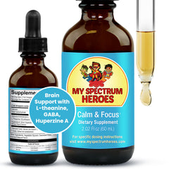 My Spectrum Heroes Calm Focus Drops bottle supports calmness and focus during study.