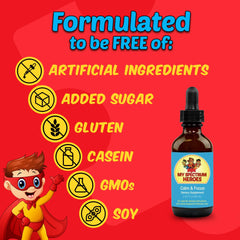 Child using Calm Focus Drops highlights family-friendly support.