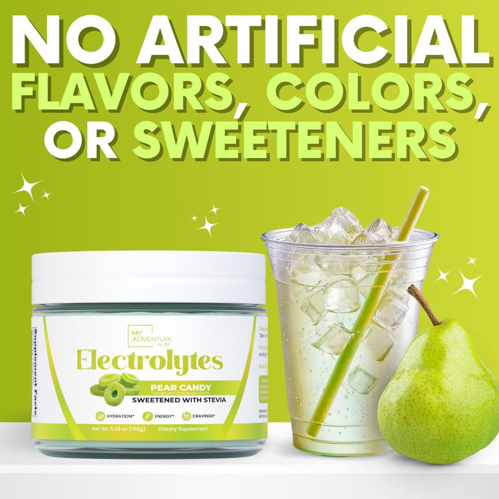 My Adventure to Fit Pear Candy Electrolytes dissolving in water for tasty hydration boost.