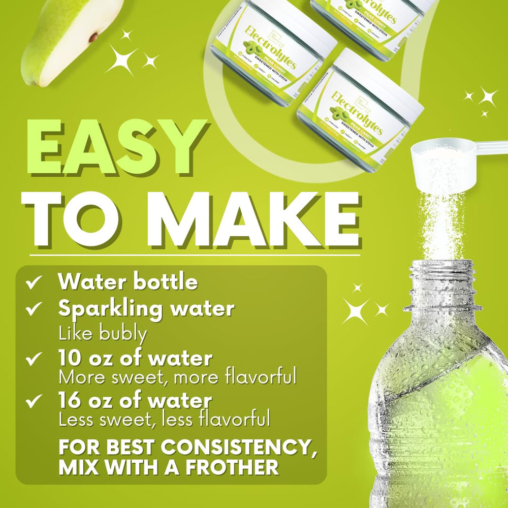 My Adventure to Fit Pear Candy Electrolytes label close-up highlights all-natural ingredients and flavor.