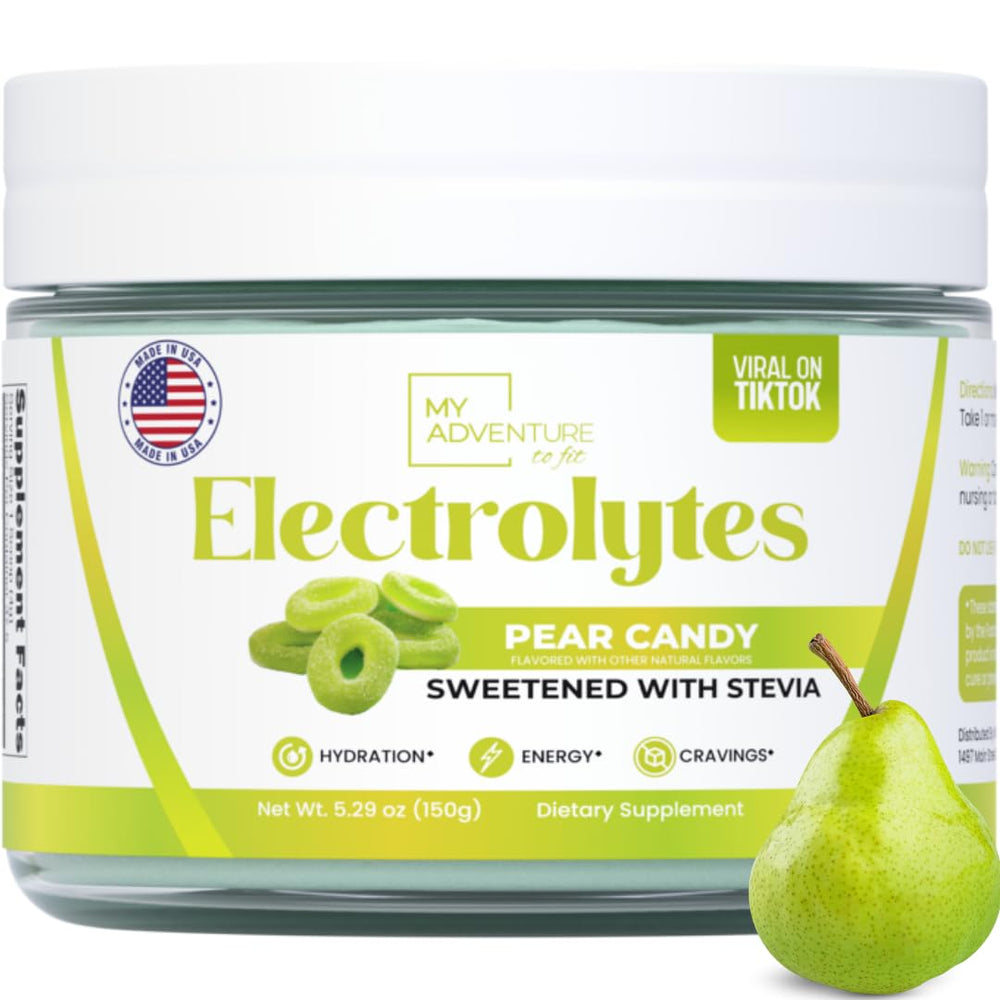 My Adventure to Fit Zero Sugar Pear Candy Electrolytes powder tub boosts hydration without sugar.
