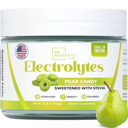 My Adventure to Fit Zero Sugar Pear Candy Electrolytes powder tub boosts hydration without sugar.