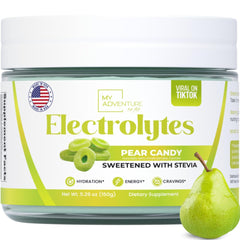 My Adventure to Fit Zero Sugar Pear Candy Electrolytes powder tub boosts hydration without sugar.