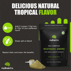 myBrainCo Nootropic Greens gut health visuals with prebiotic fiber and NAC