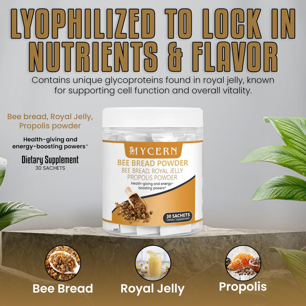 Mycern Bee Bread Powder being poured into smoothie for a natural energy boost