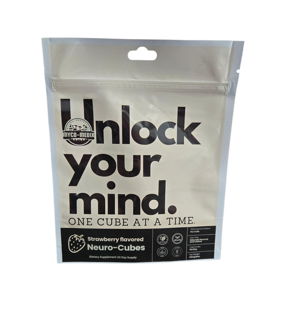 MYCOMedix Neuro-Cubes bottle with gummies for focus and memory support.