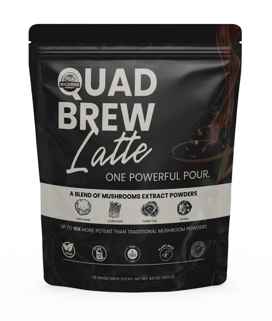 MYCOMedix Quad-Brew Latte packaging shows premium coffee and mushroom blend for a balanced start.