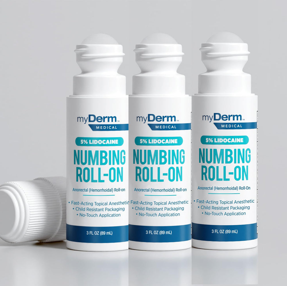 Myderm Medical 5% lidocaine roll-on pack, front view offering fast numbing relief.