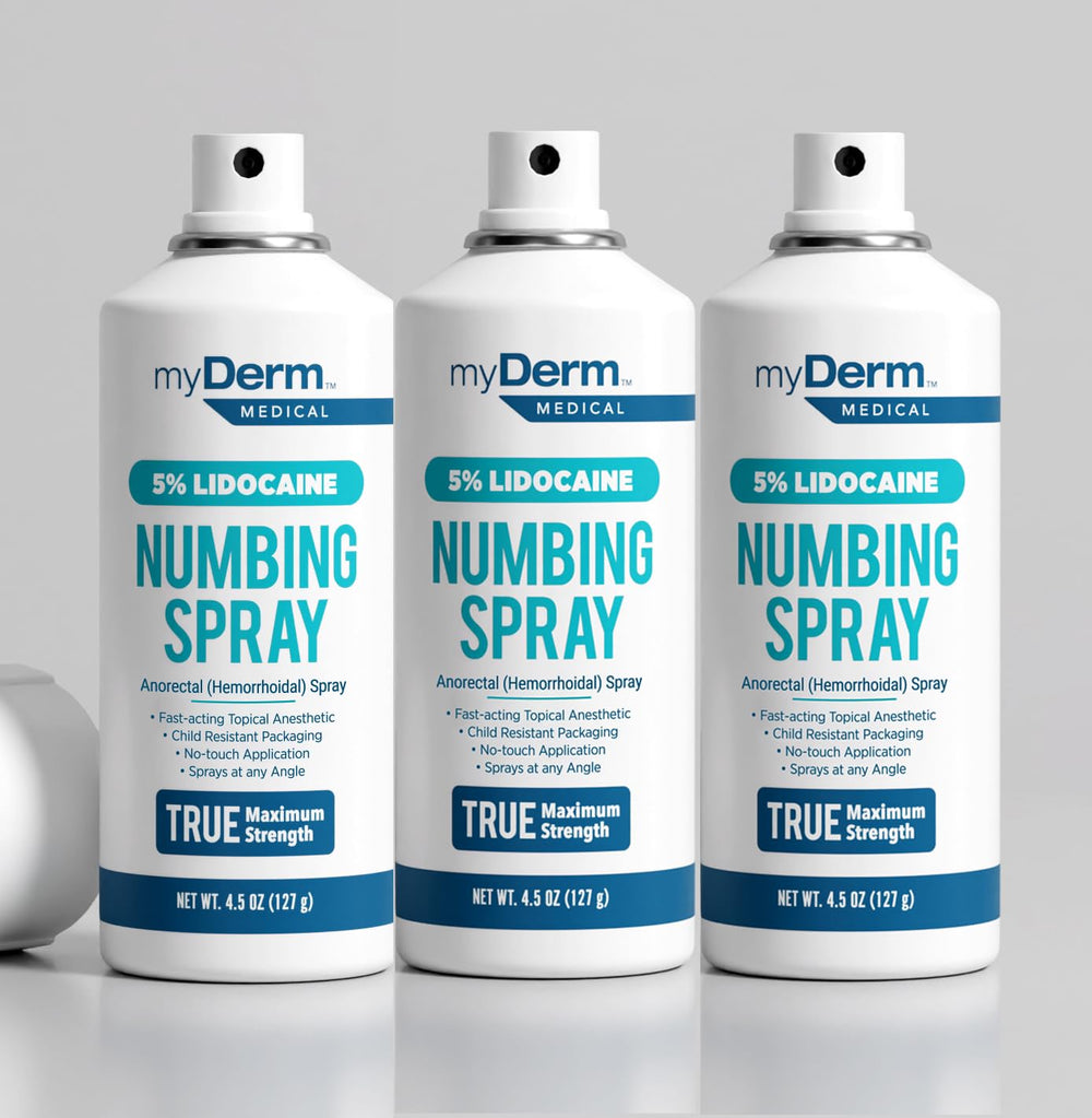 Myderm Three Pack Numbing Spray bottle close-up for fast numbing relief.