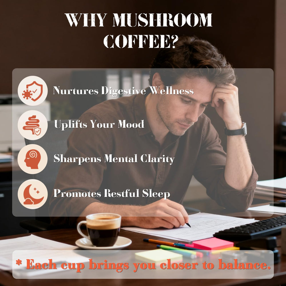 MYKAF Mushroom blend close-up reveals Reishi and Cordyceps supporting everyday wellness.