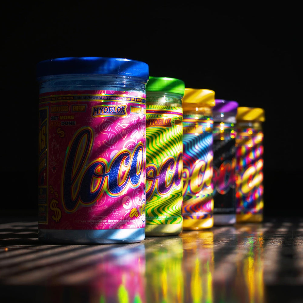 MyoBlox LOCO packaging design emphasizing bold branding and transparent formula details.