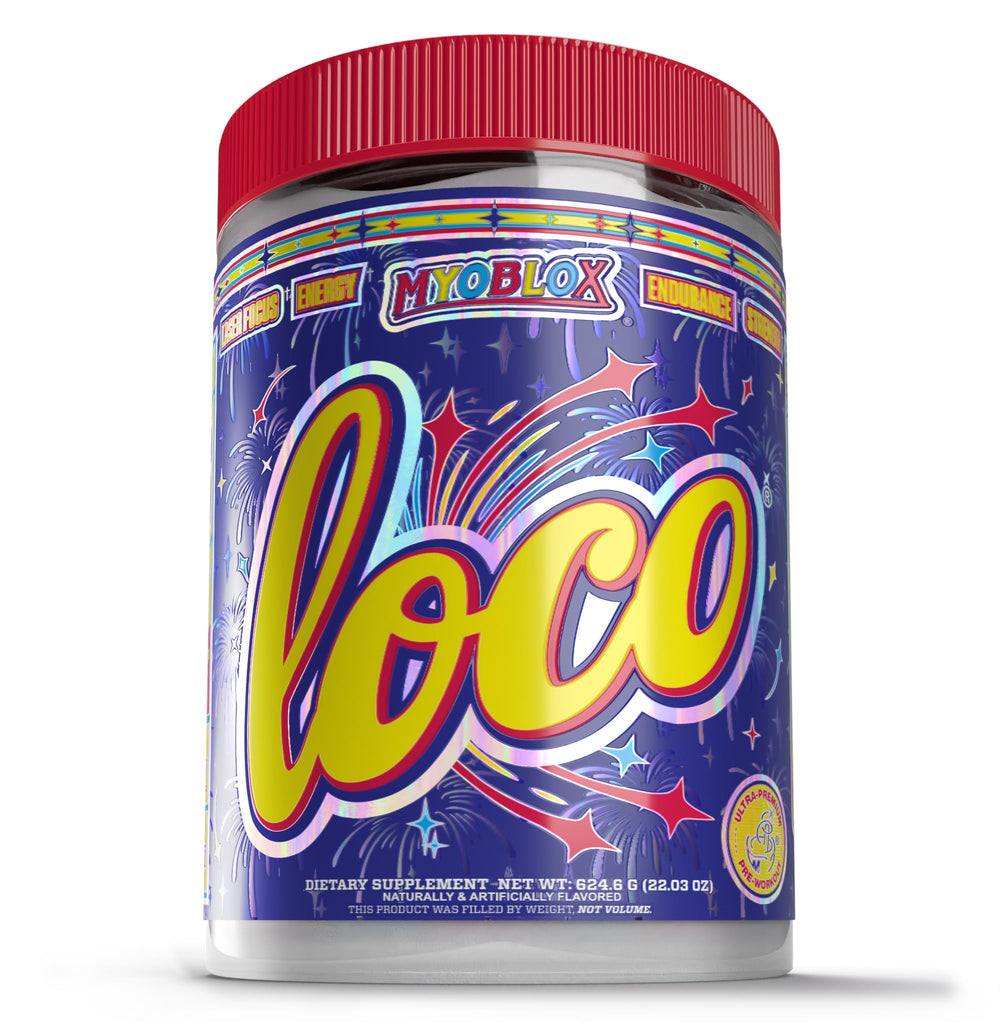 Myoblox Loco packaging shows 40 servings for quick pre-workout energy