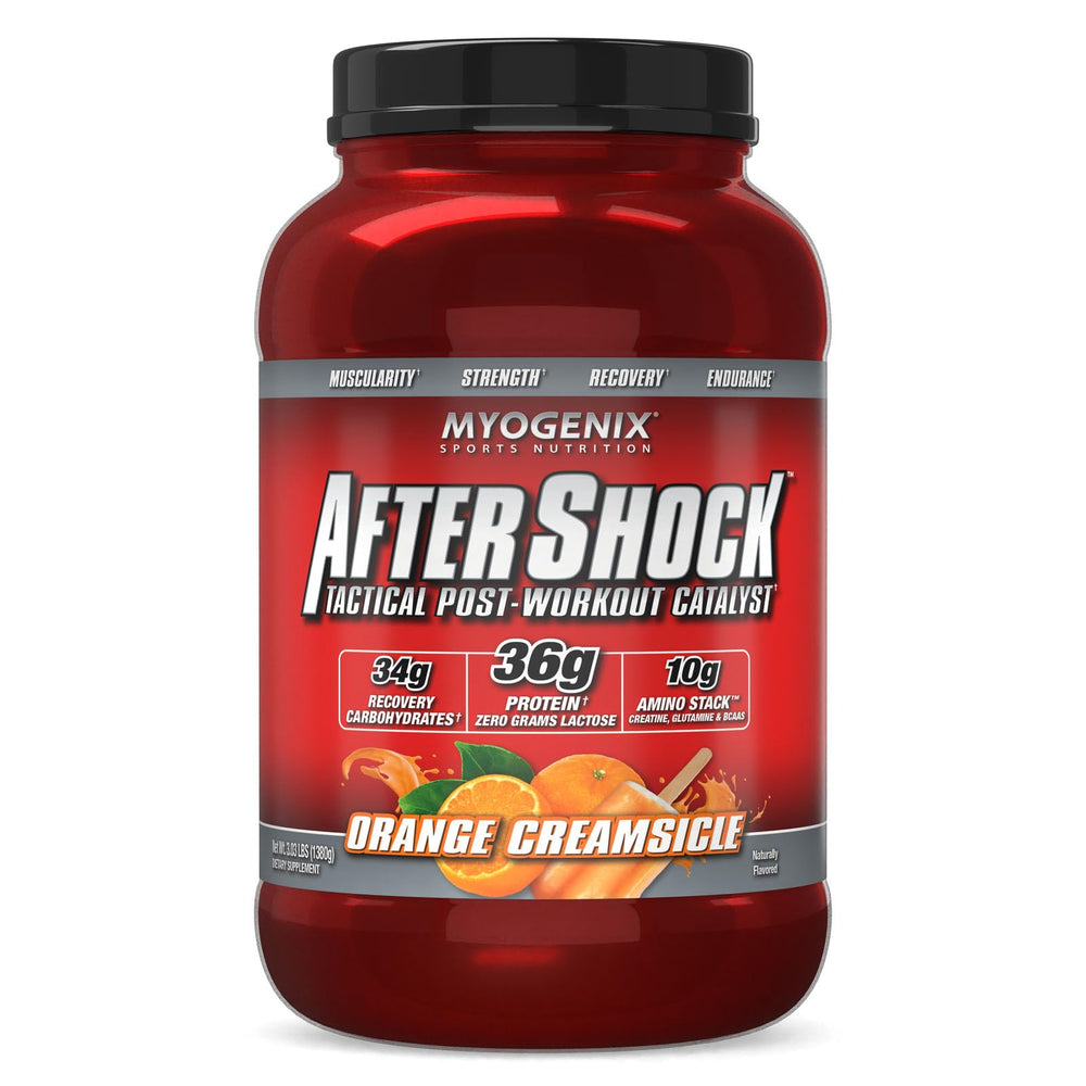 Myogenix Aftershock bottle in orange creamsicle flavor for post-workout recovery