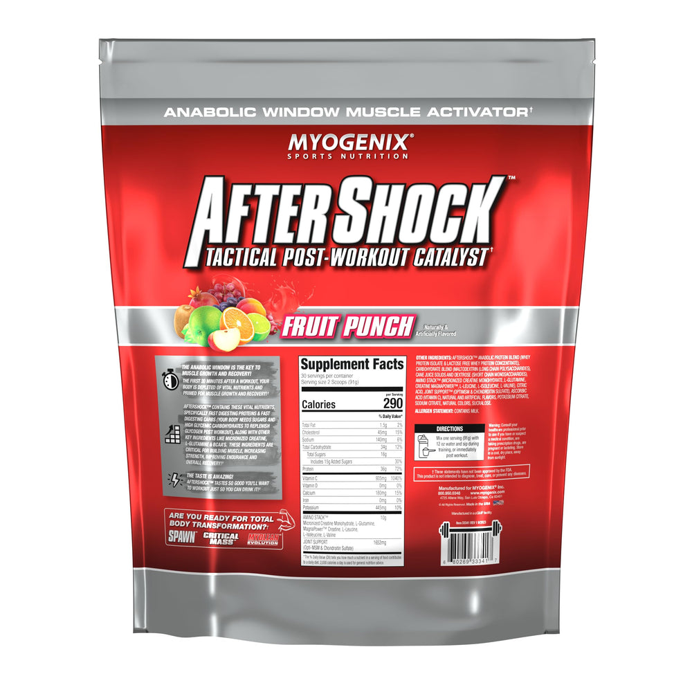 Myogenix Aftershock measuring scoop beside tub for easy pre- or post-workout prep