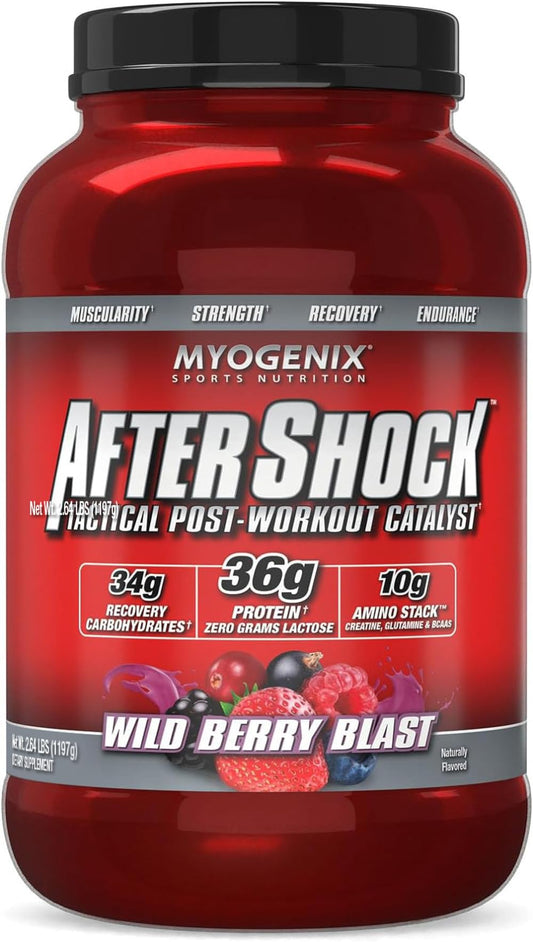 Myogenix Aftershock Wildberry Blast bottle supports post-workout recovery and fueling.