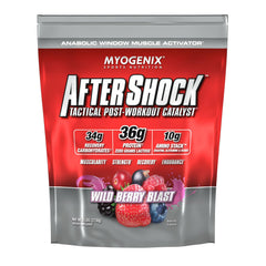 Myogenix Aftershock front label in Wildberry Blast flavor for post-workout fueling.