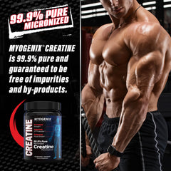 Myogenix Creatine Monohydrate tub on a gym bench for workouts