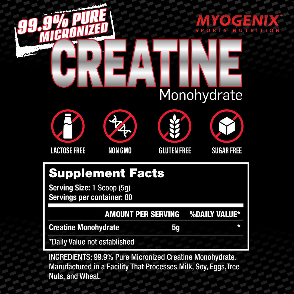 Myogenix Creatine Monohydrate tub on a shelf showcasing unflavored versatility