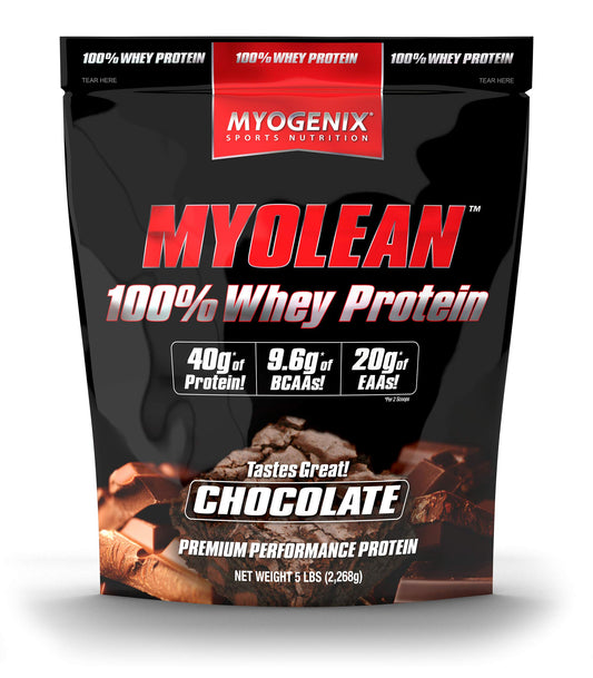 Myogenix Myolean chocolate bottle front highlights premium protein and flavor.