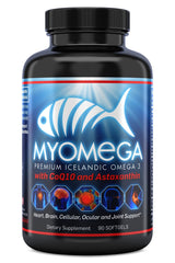 Myogenix Myomega bottle front highlights premium Icelandic omega-3 for overall wellness