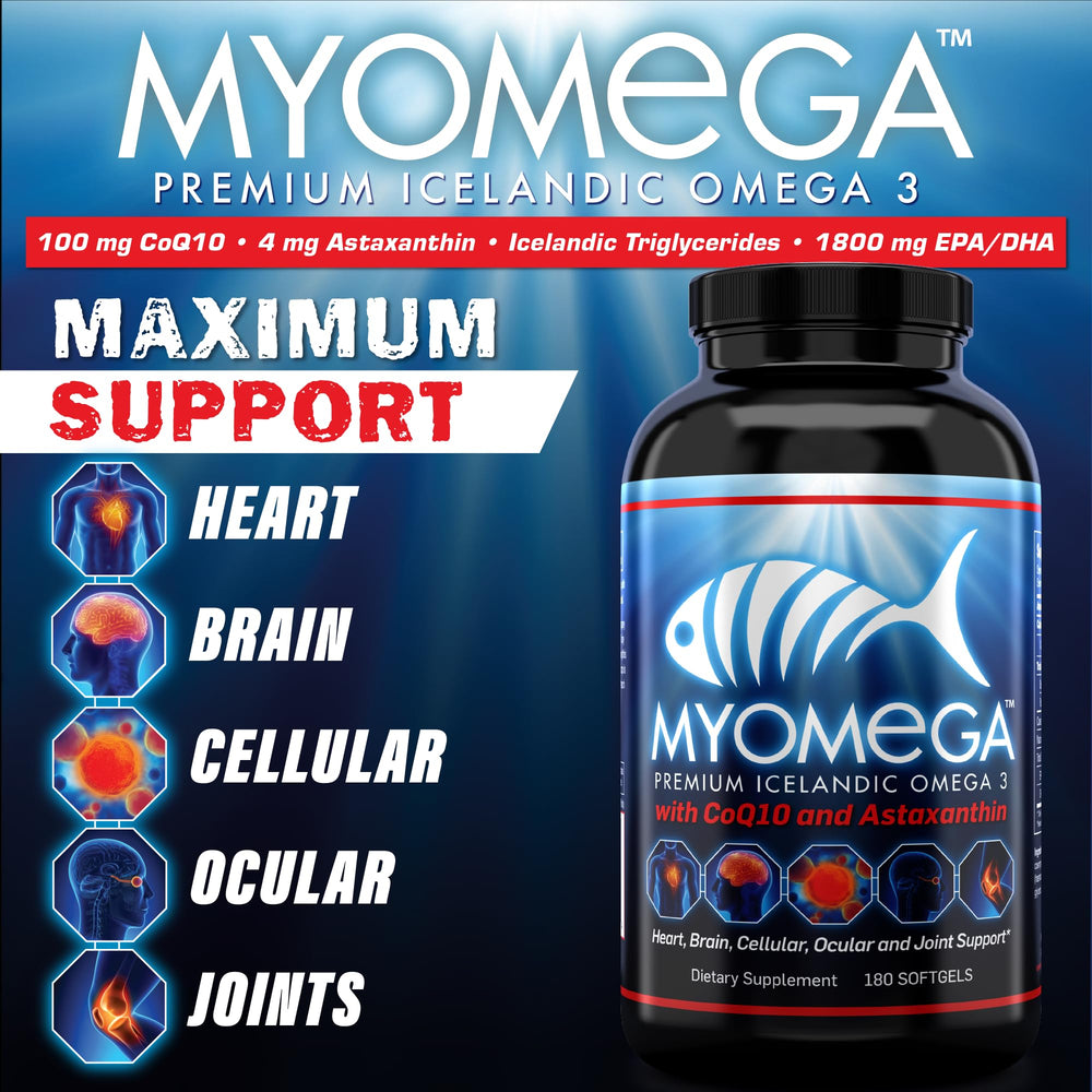 Myogenix Myomega softgels closeup shows easy-to-digest capsules with burpless design