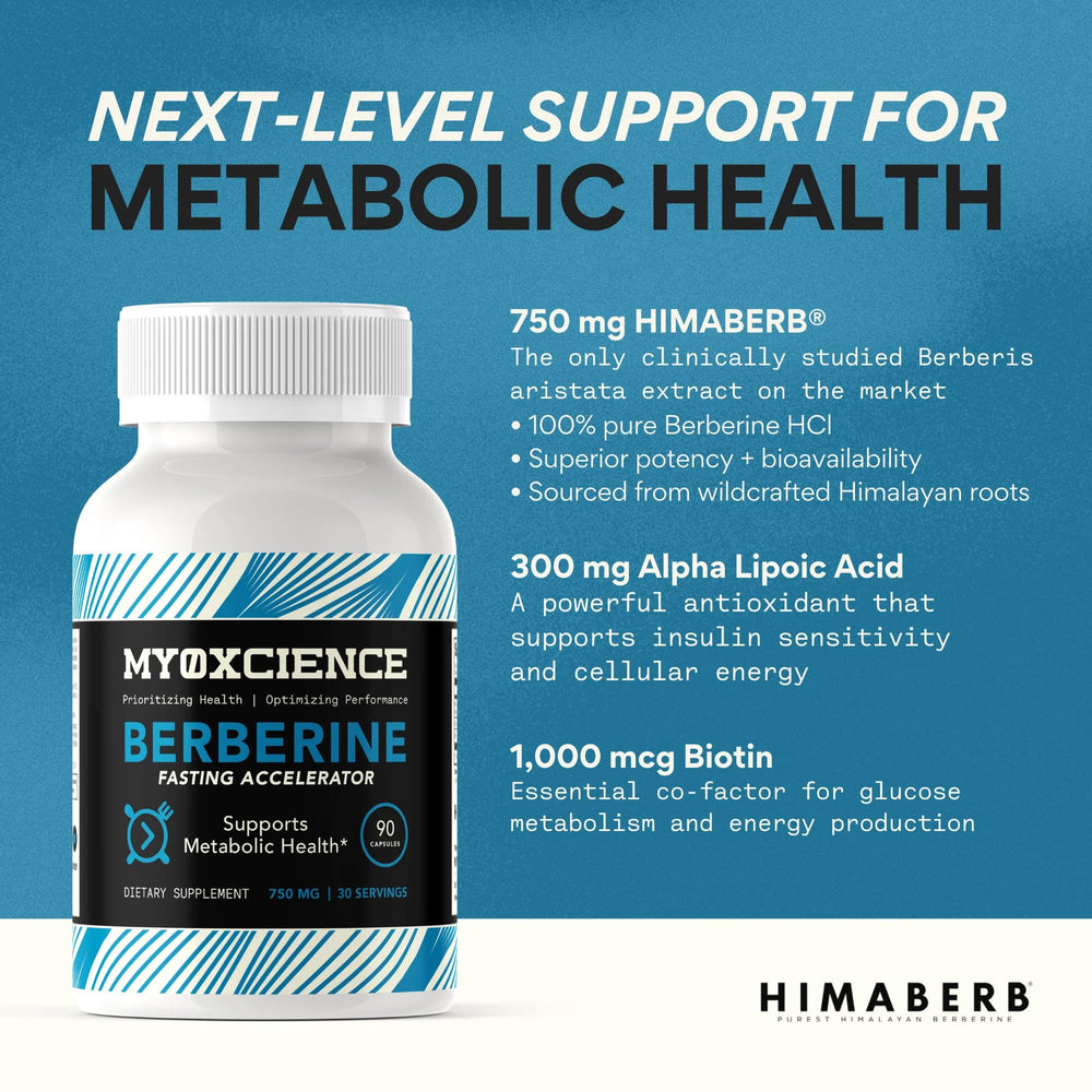 MYOXCIENCE Berberine Fasting Accelerator ingredient panel with HIMABERB, ALA and Biotin