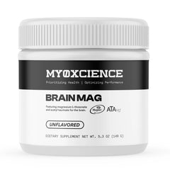 MYOXCIENCE Brain Mag bottle with scoop shows convenient daily brain-friendly magnesium support.