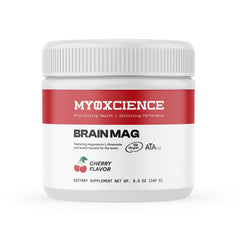 MYOXCIENCE BrainMagtein bottle with cherry label supports cognitive function.