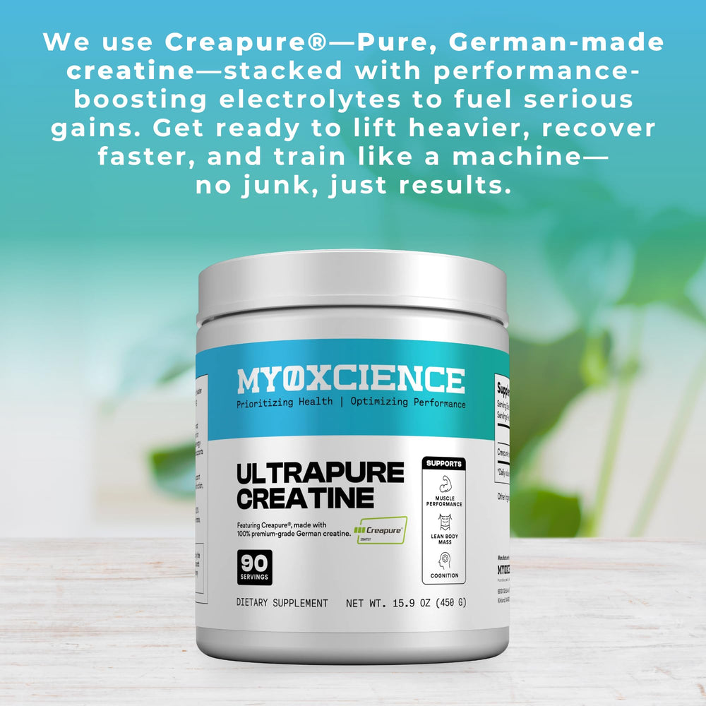 MYOXCIENCE Creapure Creatine powder close-up highlighting purity