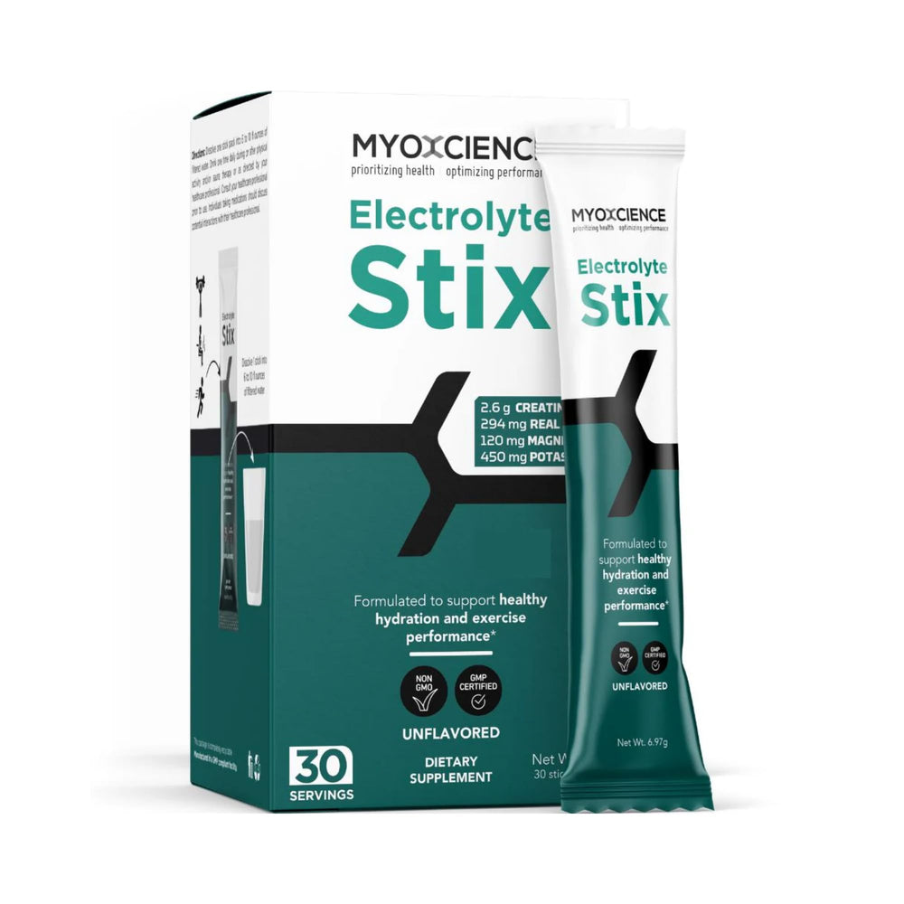MYOXCIENCE Electrolyte STIX box with 30 sticks for on-the-go hydration.
